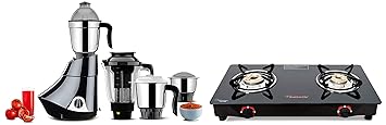 Butterfly Smart Glass 2 Burner Gas Stove, Black & Smart 750-Watt Mixer Grinder with 4 Jar (Grey) Combo