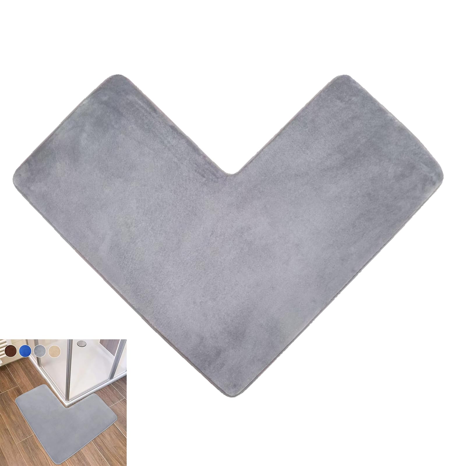 ACESOME L-Shaped Corner Shower Mat, 80x80cm Absorbent Non Slip Bath Mat, Coral Fleece Bathroom Carpet, Supersoft Machine Washable Bath Mat for Corner Showers, Tubs (Grey)
