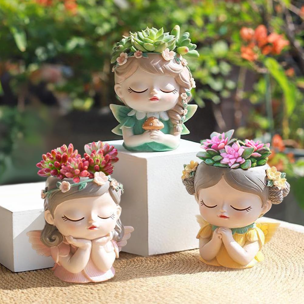 Argofox Samll Angel Girl face Succulent Plant pots 3packs with Drainage Hole 4inch Indoor Cactus Pot Unique Cute Flower Pot with Girl Face Container Planter
