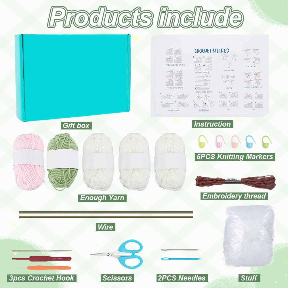 ORIGACH Crochet Kit for Beginner Adults, 2 Set Bunny with Tulip Starter Crochet Kit with Step by Step Video Tutorial, Instruction, Yarn, Hook, Accessories