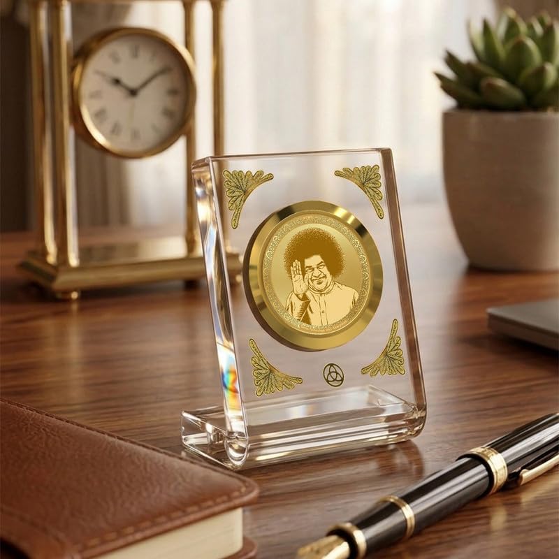 Image of DIVINITI 24K Gold Plated Satya Sai Baba Acrylic Frame for Car Dashboard, Home Temple & Office Table | Premium Spiritual Gift, Blessings for Protection & Positivity, 8x7 cm Decorative Showpiece