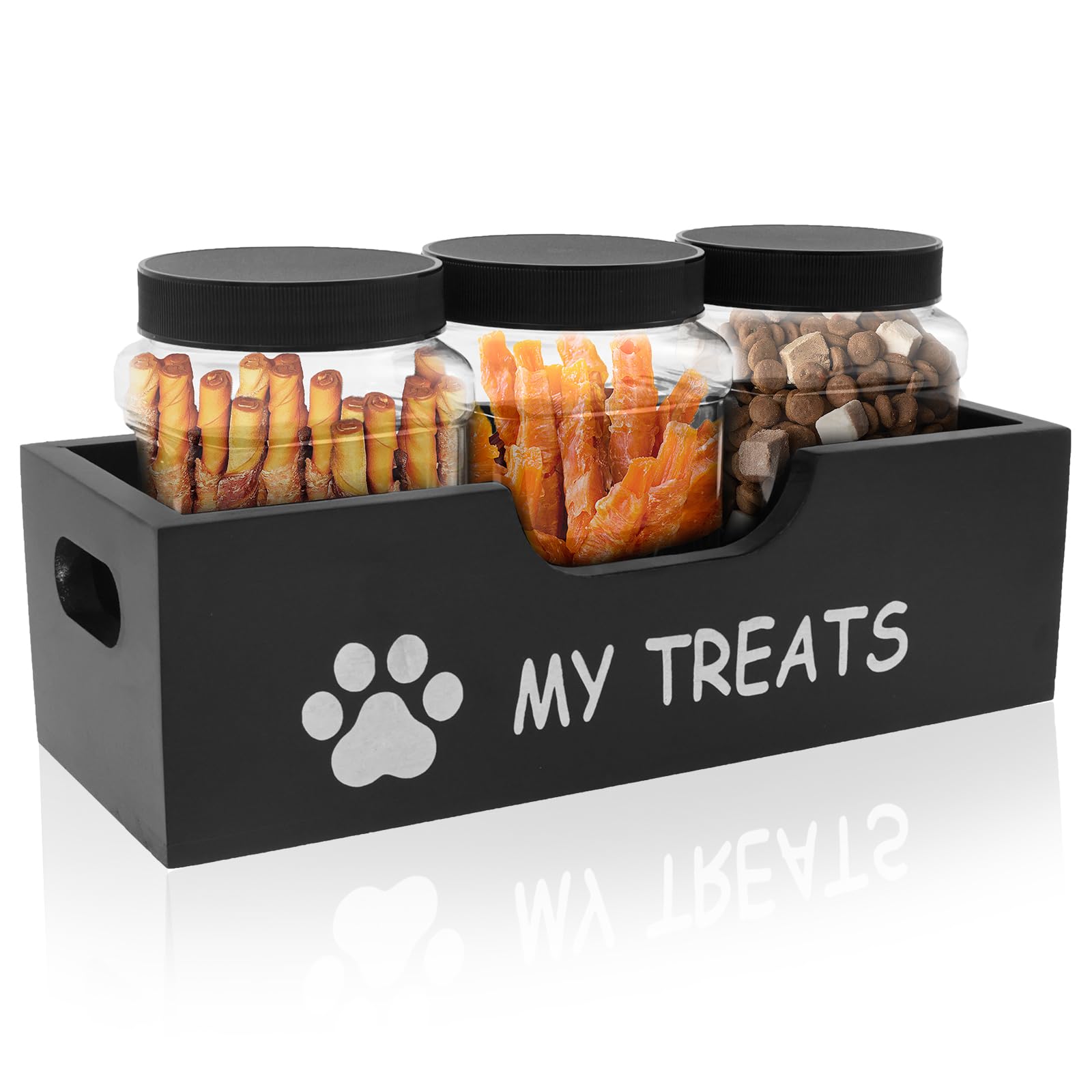 JEJUWE Dog Treat Container Wood Dog Treat Holder with 3 Plastic Jars Reusable Cat Food Container with Handles Decorative Pet Food Containers for Pet Owner and Lover(black)