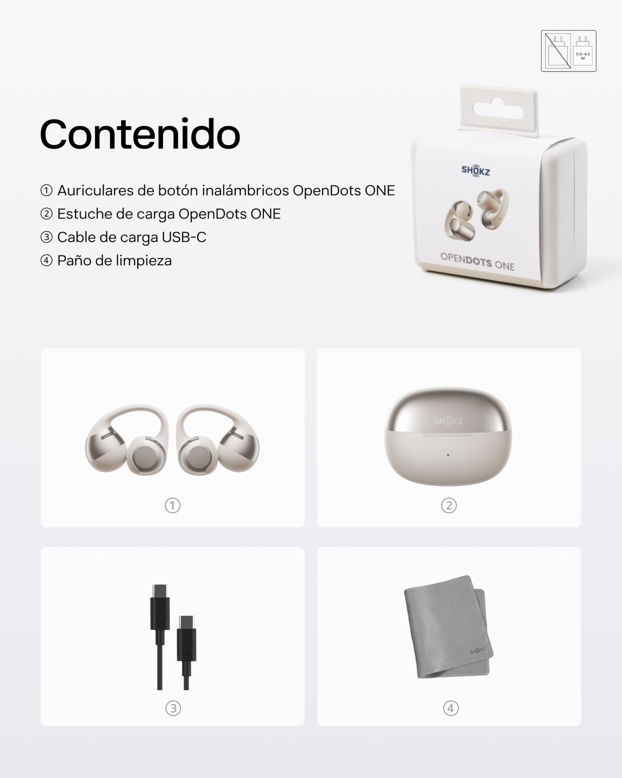 SHOKZ OpenDots One Auriculares Open-Ear Clip-on, Bluetooth 5.4, 6,5g, Gris | Dolby Audio Premium|4 Mics. con Cancelación Ruido|Ligeros 6,5g|40H de Batería|con Paño de Limpieza|Deportivos|Oído Abierto
