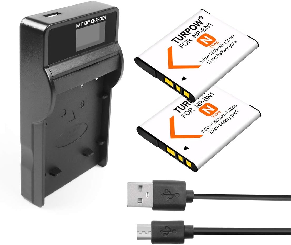 TURPOW 2 Pack 1200mAh NP-BN1 Replacement Battery Charger Compatible with Sony DSC-QX10, DSC-QX30, DSC-QX100, DSC-T99, DSC-TF1, DSC-TX5, DSC-TX7, DSC-TX9, DSC-TX10, DSC-TX100V, DSC-W310