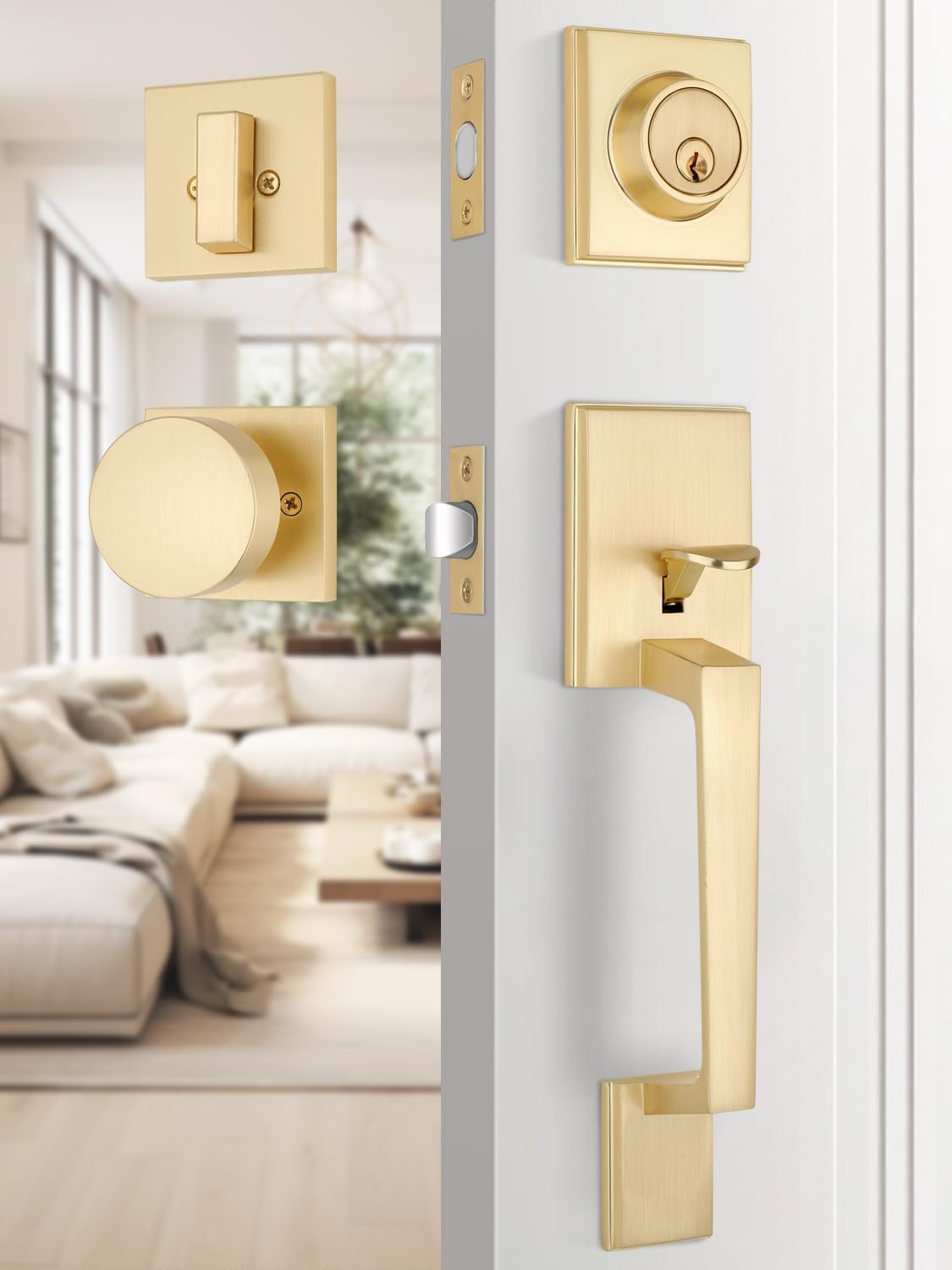 EHOMEWARE Front Door Handle with Deadbolt Set, 1 Pack Keyed Entry Door Lock, Single Deadbolt Door Knob for Exterior Door, Satin Brass Finish, Reversible for Left/Right Doors