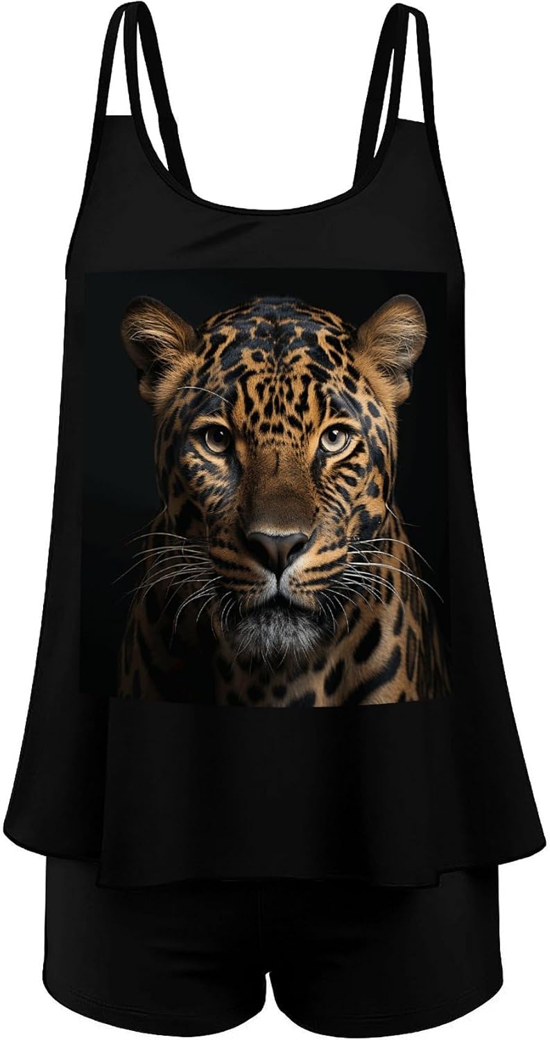 Leopard Tankini Swimsuits for Women Tummy Control Two Piece Bathing Suits Swim Tops with Boy Shorts