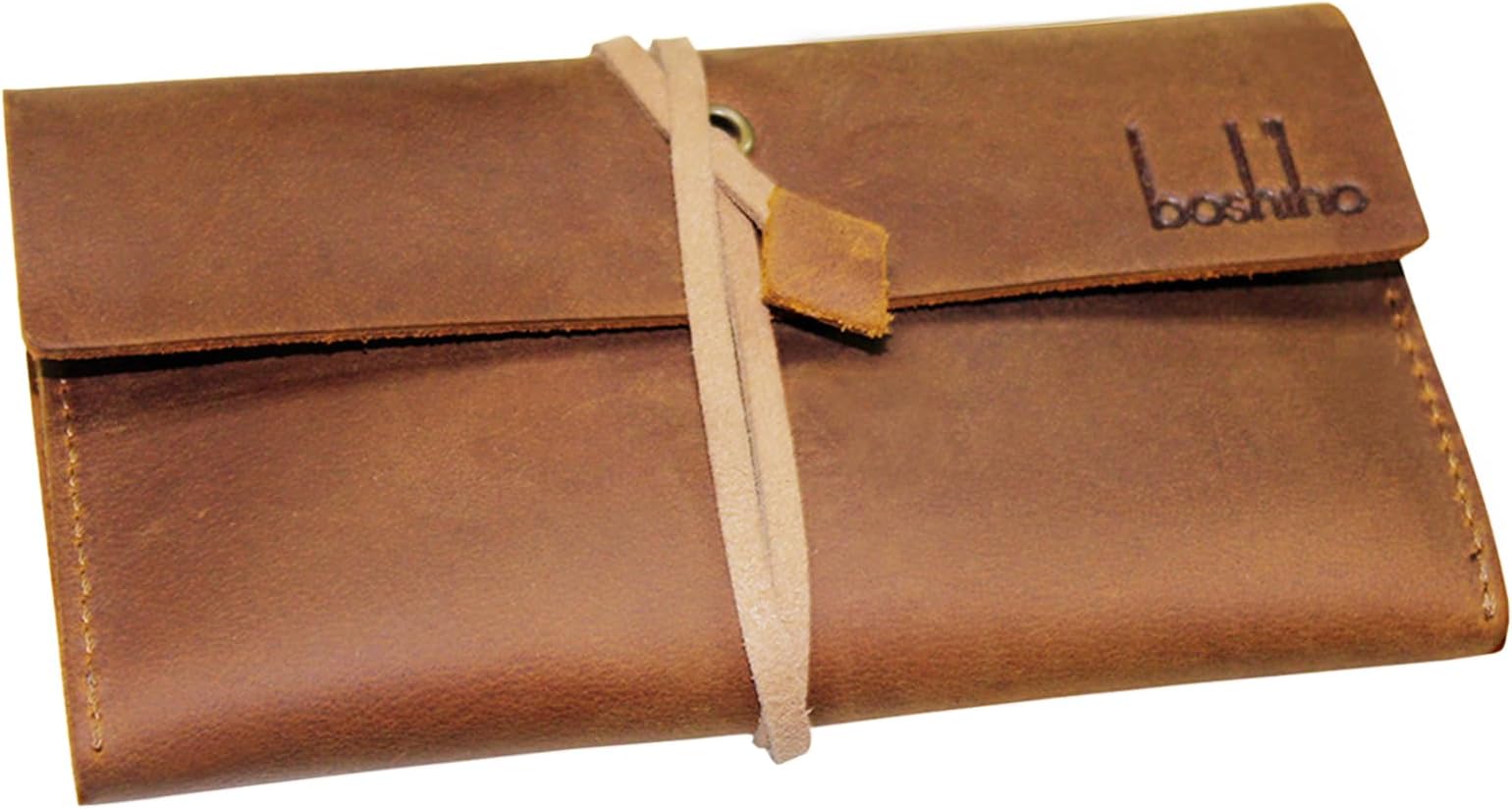 Boshiho Genuine Leather Roll Up Tobacco Pouch with Rolling Tip Paper Holder Slot