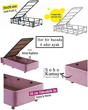 Niron Yatak Pinky Baza - 90x190 cm Tek Kişilik Sandıklı Pembe Kumaş Özel Baza Silinebilir Soho Kumaş