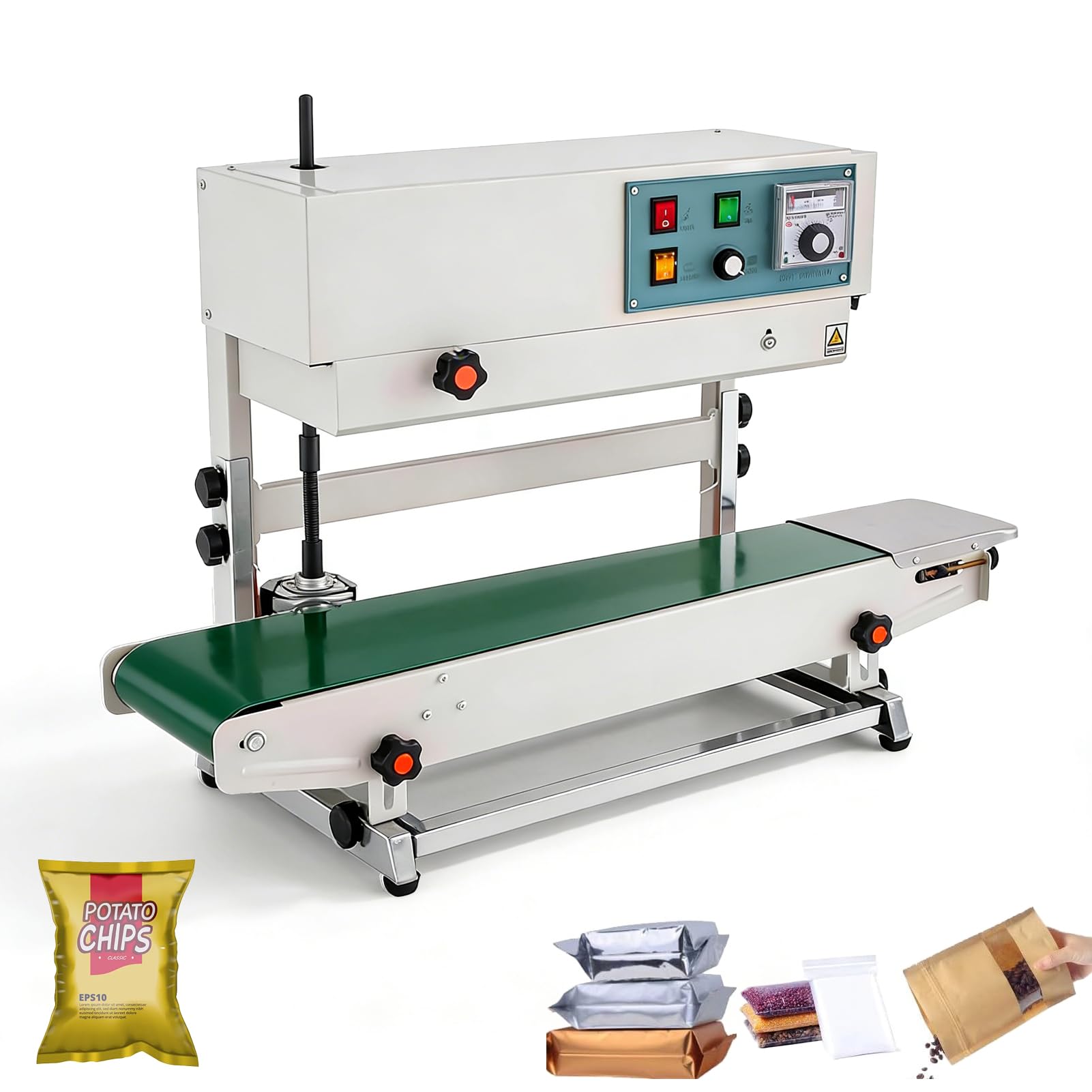 Tdsyocg 220V Commercial Heat Sealer Machine, Fr-900 Vertical Continuous Band Sealer For Plastic Bags 0.02-0.8Mm Thick, 500W Pure Copper Motor, Multi-Wheel Printing & Pointer Temperature Control