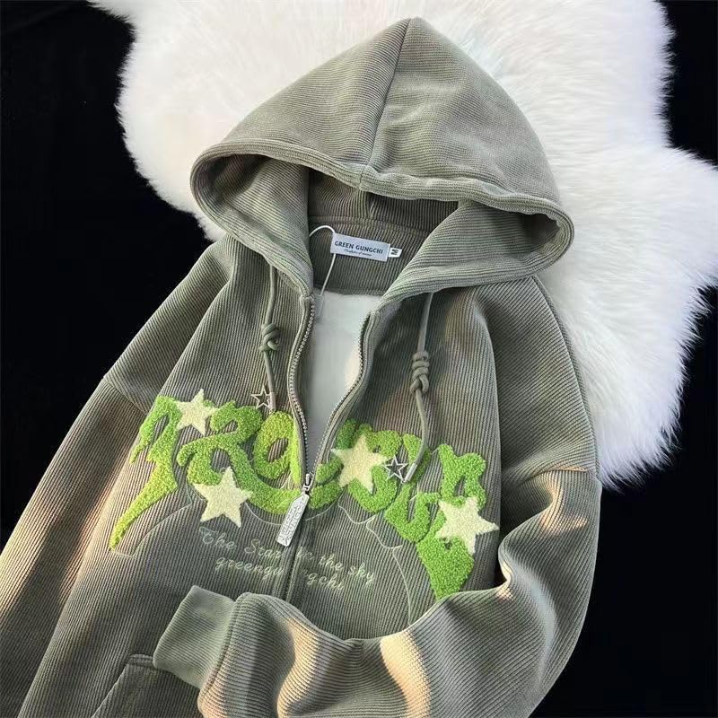 Y2K Zip Up Hoodie for Women Men Letter Print Star Graphic Grunge Hooded Corduroy Sweatshirt Jacket - Image 6
