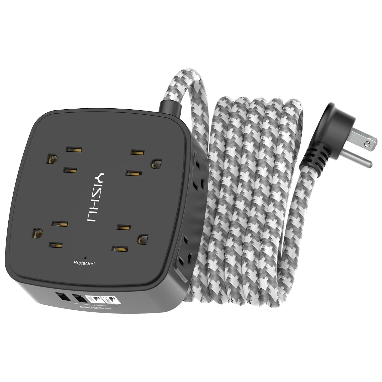 Surge Protector Power Strip - YISHU 8 Outlets with 4 USB (2 USB C) Charging Ports, 10Ft Braided Extension Cord, Flat Plug Multi Plug Outlet Extender Charging Station for Home Office, ETL, Black 10 Ft Black(Braided)