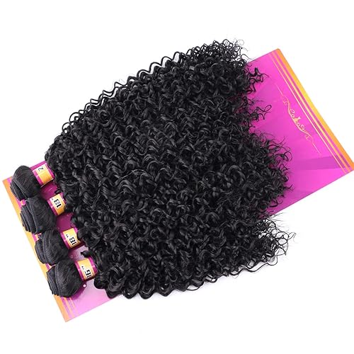 Miniatura 6 de Afro rizado rizado pelo sintético armadura 4 paquetes de pelo ofertas 16 18 18 20 pulgadas color 1B negro trama de pelo sintético (1B #, 4PCS)