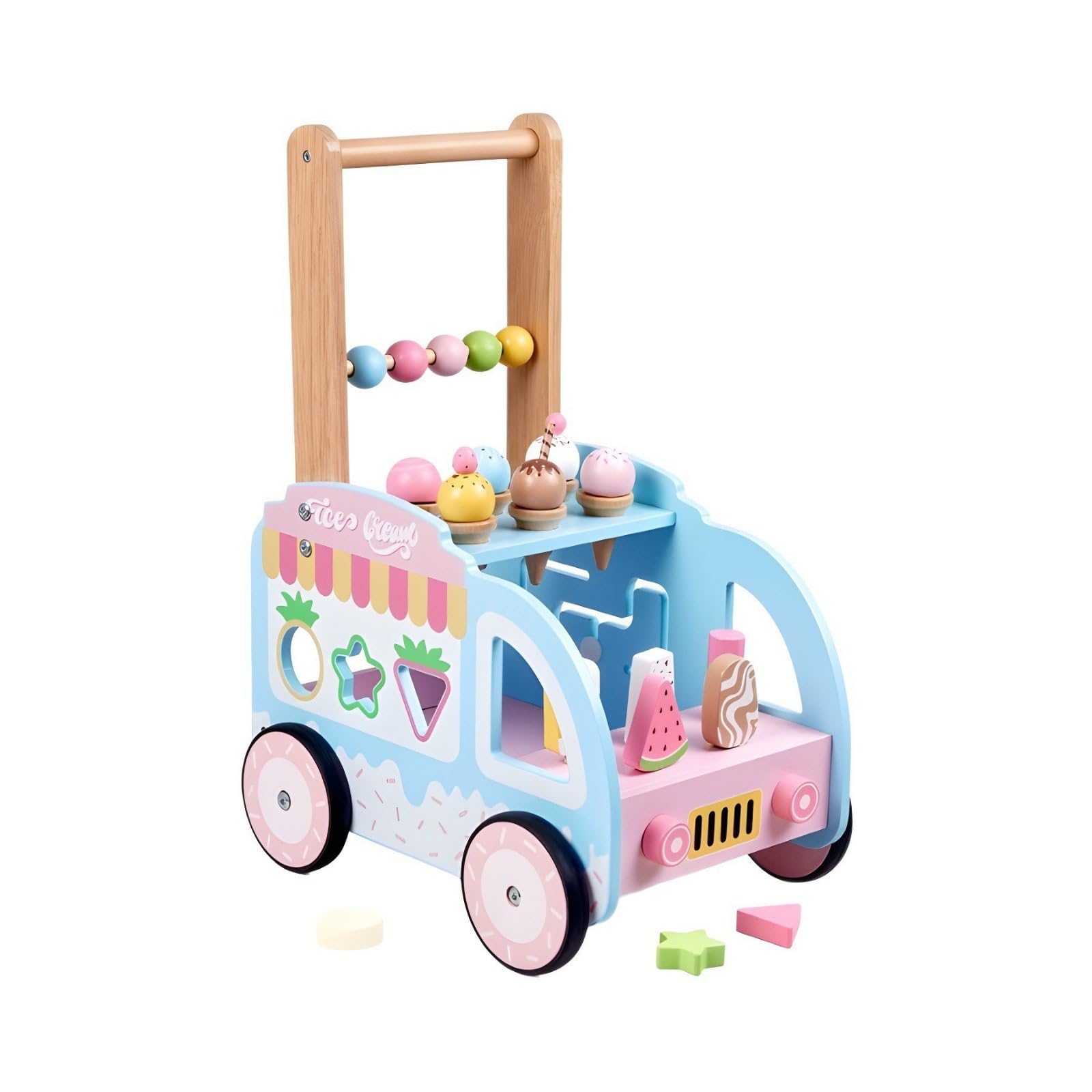 Carrello Gelato in Legno Multifunzione Carrello Primi Spostamenti in Legno Sicuro Giocattolo Educativo per Neonati, Asilo