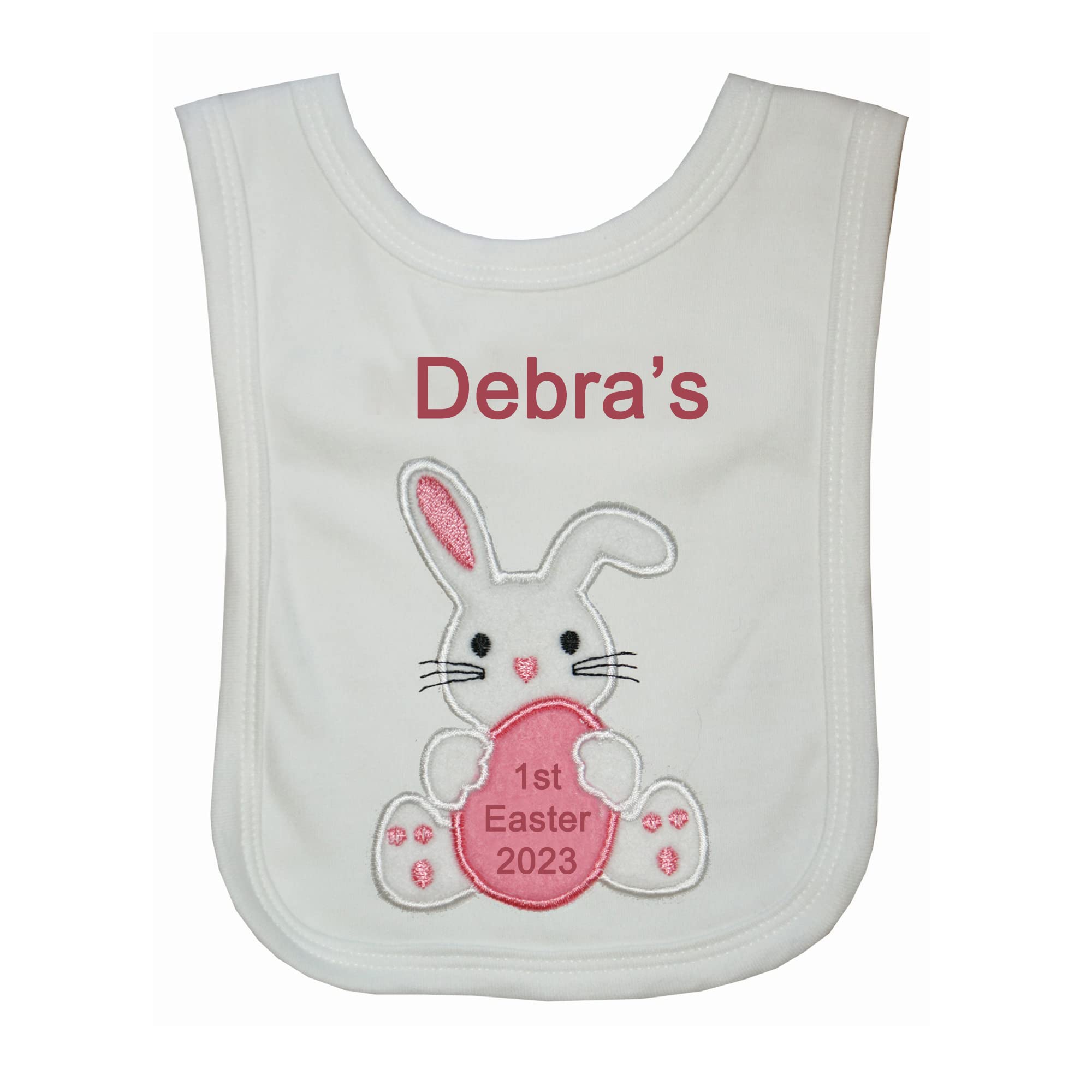 Oh Sew Simple 1st Easter Girl Bunny Personalised Bib. Handmade in the UK with embroidered name and year (White)