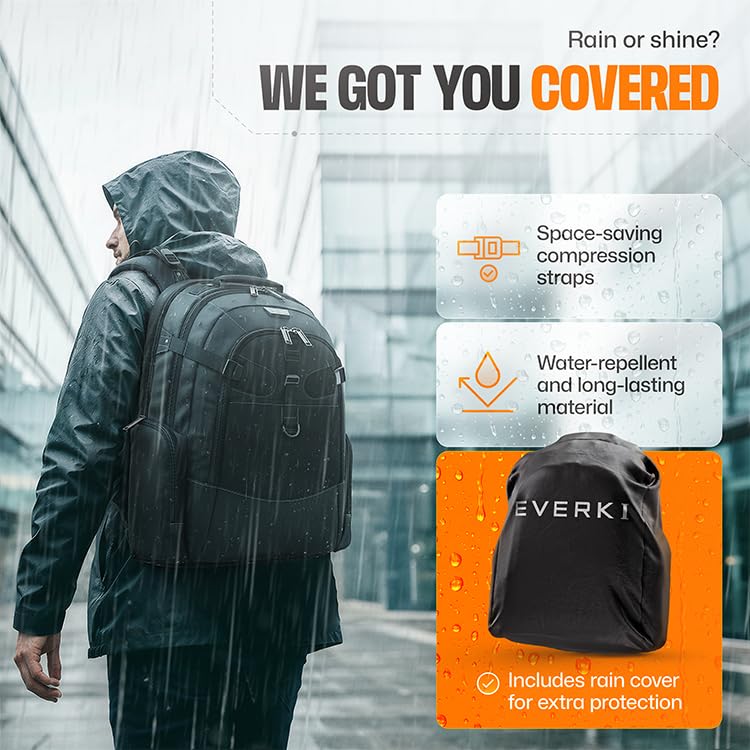 Image of EVERKI Business 120 Pro Backpack, 2 Laptop Compartments & Rain Cover - 40L | Nylon, Polyester, Durable, Multi-Padded Pockets, Travel-Friendly, School & Work, 180 Fold-Out Design, Fits up to 18.4 inch