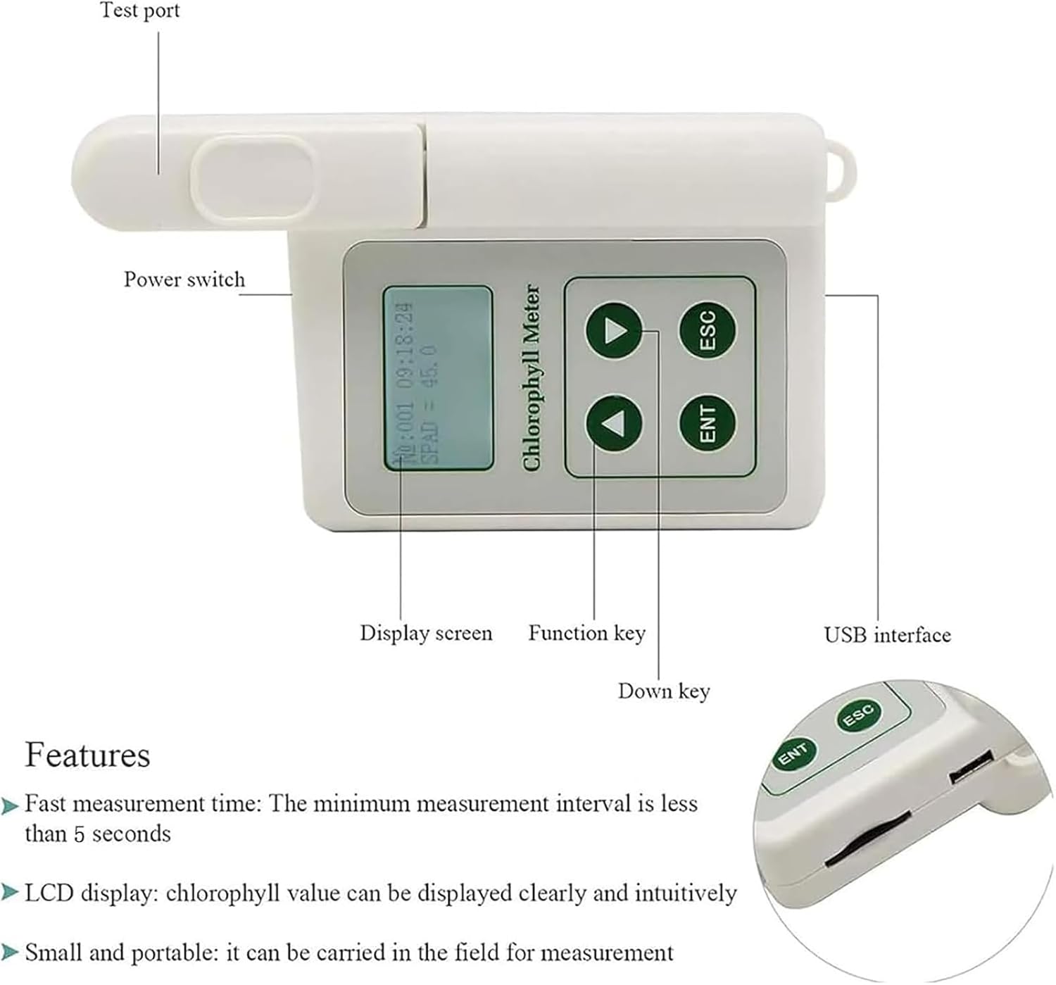 Chlorophyll Meter Machine, Handheld Plant Chlorophyll Tester with LCD Display, 0.0-99.9SPAD/Measuring Area 2mm*3mm, Comprehensive Analysis of Plant Health