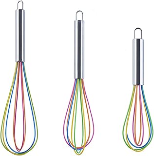 Manuel Couleur Fouet en Silicone Fouet Pâtissier Silicone Mélangeur d'Oeuf en Silicone Ensemble Egg Beater Ustensile Cuisine Batteur à Oeufs à Main en Silicone avec Poignée en Acier Inoxydable(3Pack)