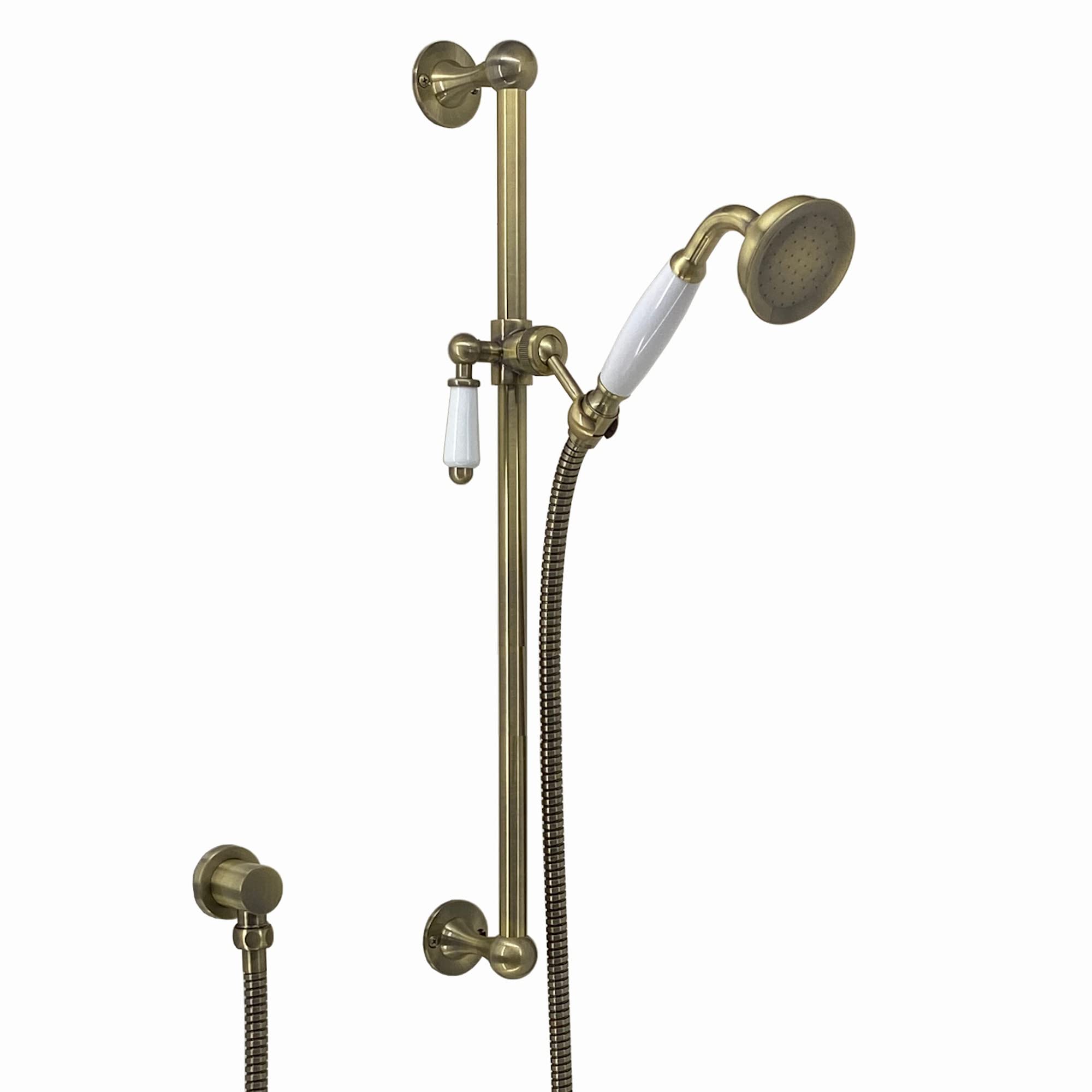 ENKI ES029 Traditional Shower Slider Rail Kit with Ceramic Lever Antique Brass White Ceramic