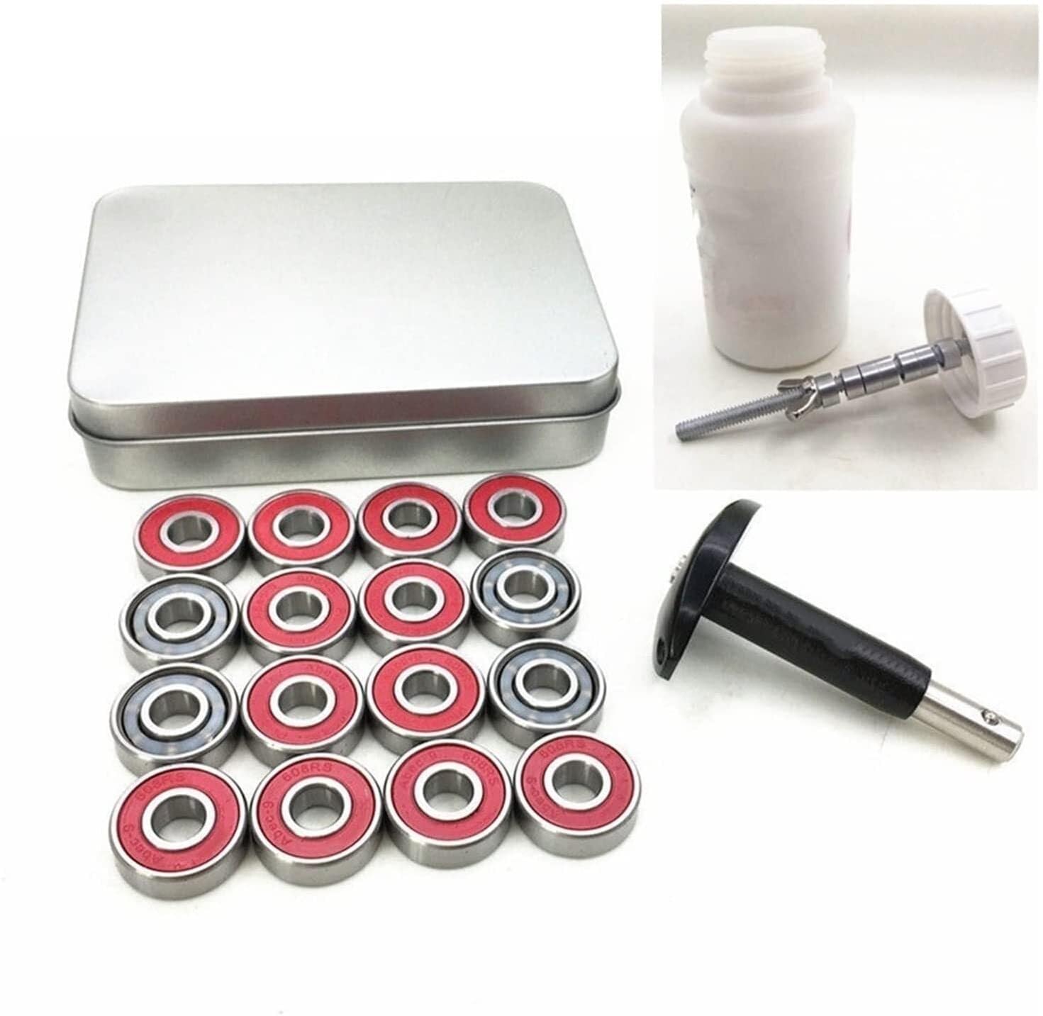 Gqnblvhzupdm 1Lot Industrial Shaft Bearings, Bearings 16Pcs 608Rs Inline Skates Bearing+1Pc Cleaner Bottle+ Dissasemble Puller Tool 608