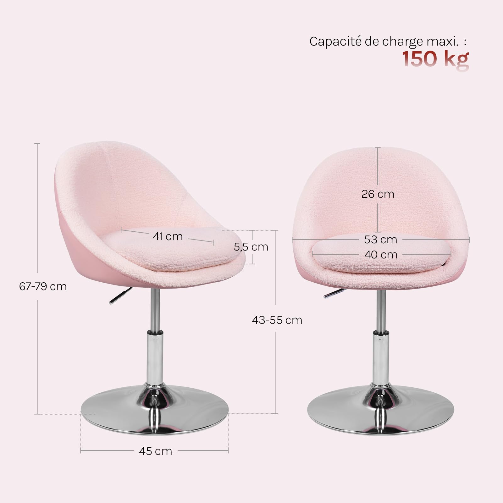 WOLTU Chaise Coiffeuse, Chaise Pivotante avec Dossier, Hauteur Réglable, en Tissu Teddy et PU, pour Chambre à Coucher, Bureau à Domicile, Rose
