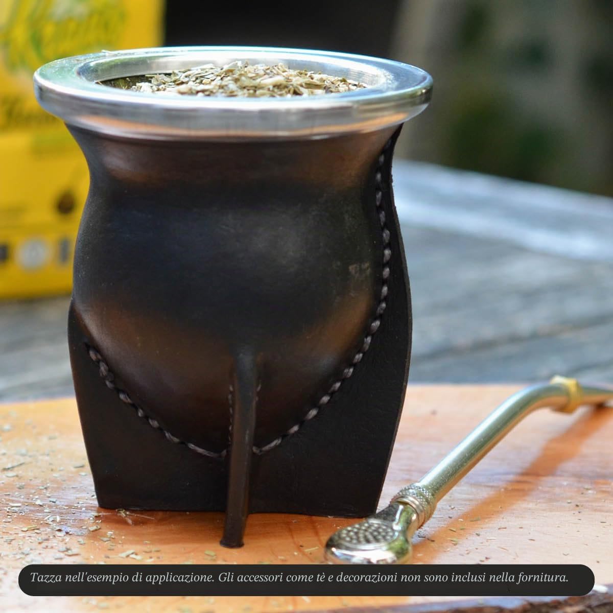 Tappetino in vetro rivestito in pelle nera da 200 – 250 ml, set da tè mate, moderno argentino, tè Yerba Mate non lavabile in lavastoviglie, Bombilla non incluso