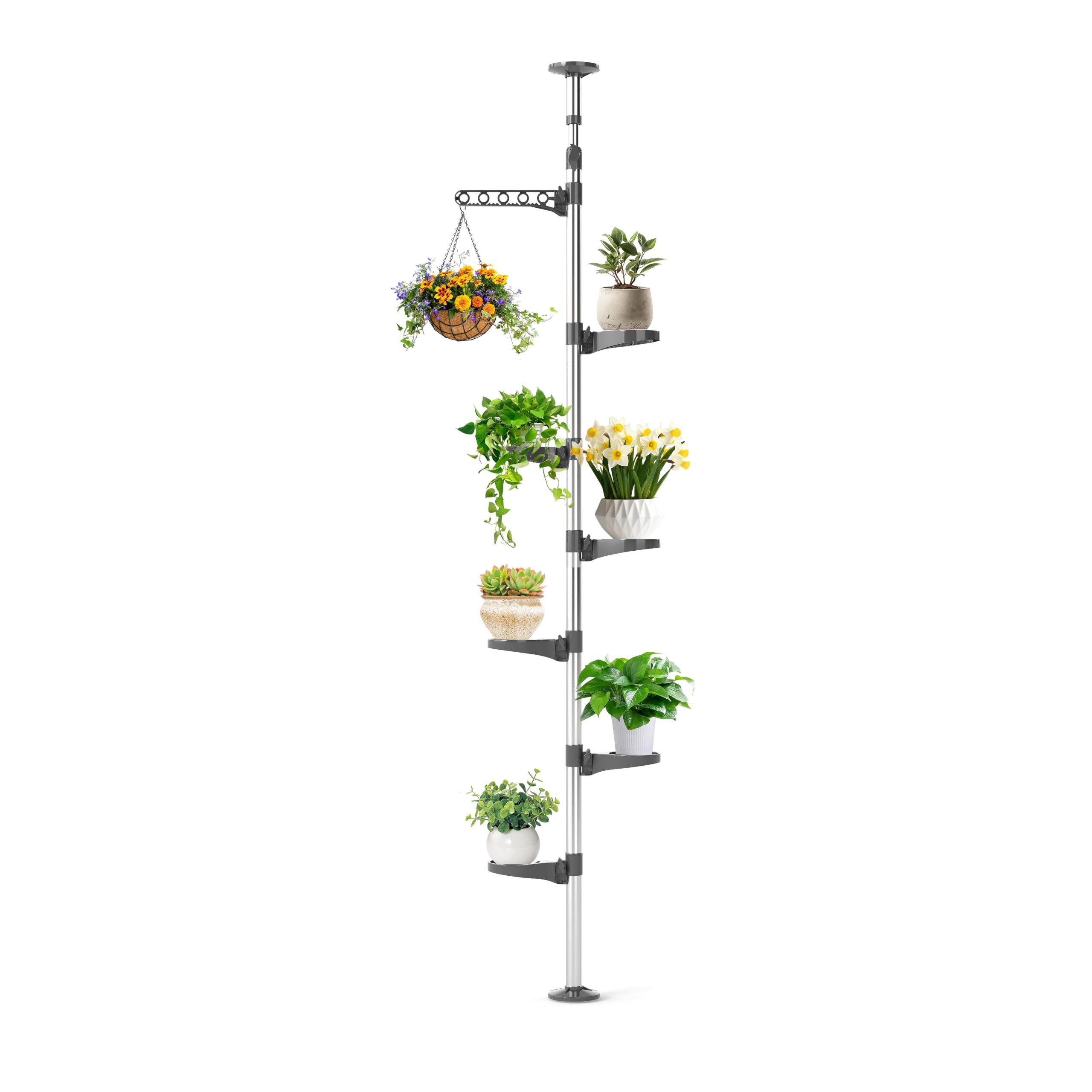 BAOYOUNI Supporto Porta Piante Telescopica da Interno Portavasi Scaffale Portafiori a 7 Ripiani Espositore per Fiori Scaffalatura in Metallo, Altezza Regolabile 230 - 290cm, Grigio