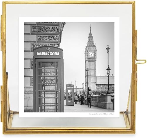 Miniatura 2 de Isaac Jacobs 4 x 4, oro antiguo, latón y vidrio estilo vintage, marco de fotos flotante, metal, (vertical), con cierre de medallón y base en ángulo,