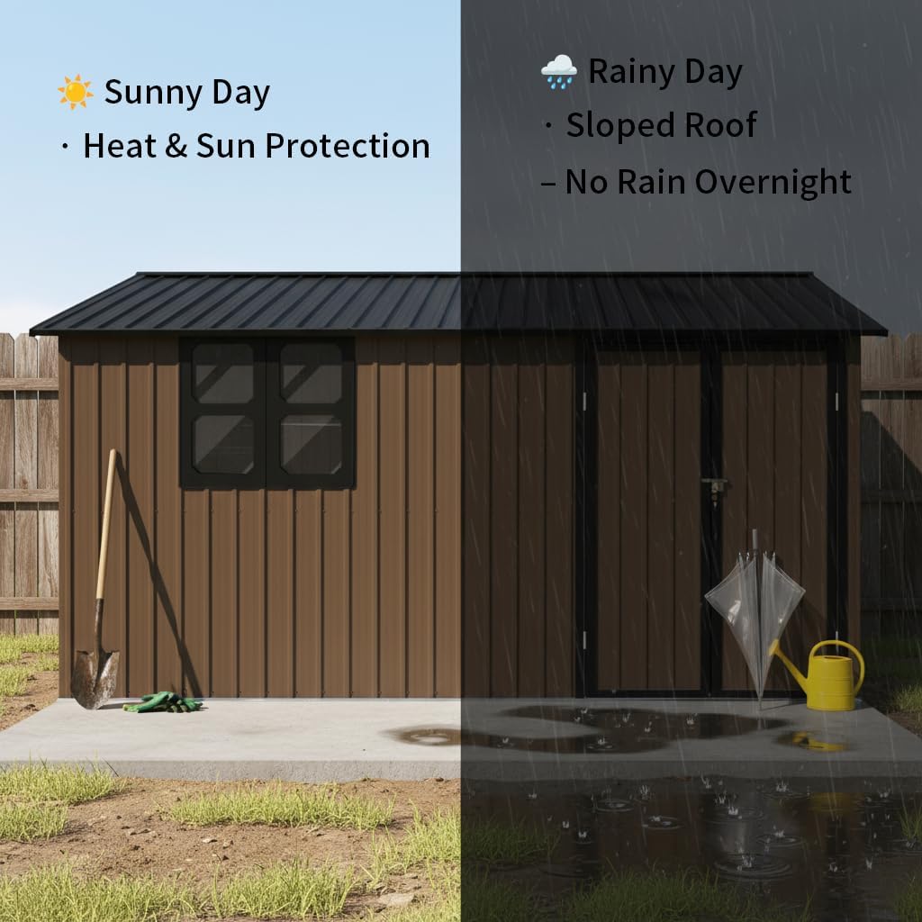 12x10 Ft Metal Garden Shed with Window, Foldable Worktable & Shelves, Apex Roof Brown Outdoor Storage Shed