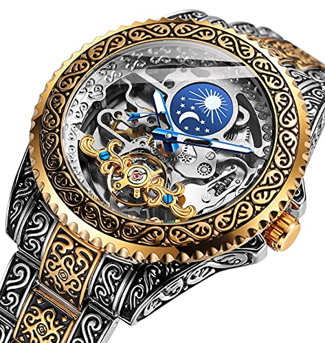 Forsining 60301 Retro Watch For Men Carved Self-Wind Mechanical Tattoo Tourbillon Moon Phase Independent Seconds Skeleton Automatic Big Dial Wrist Watches,Gold thumb #8