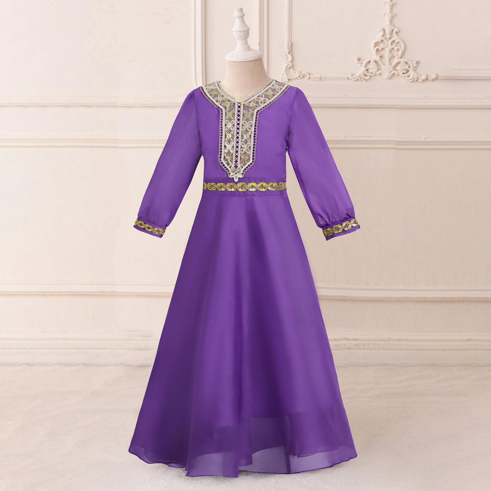 Elegante Abito da Festa a Maniche Lunghe per Ragazze, Abito sontuoso con Fascia per