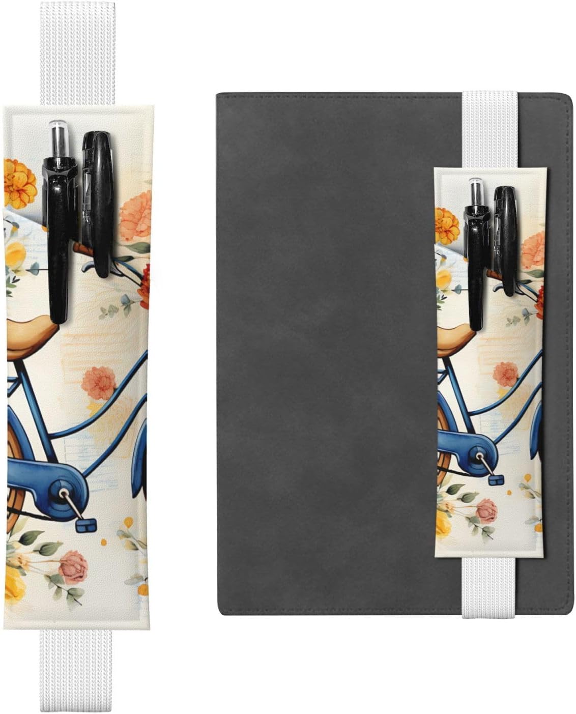 Flower Bicycle Pen Holder for Notebook, PU Leather Pen Sleeve Pouch for Gift, Detachable Bookmark Elastic Journal Pencil Holder Case - Hold 2-3 Pens, White