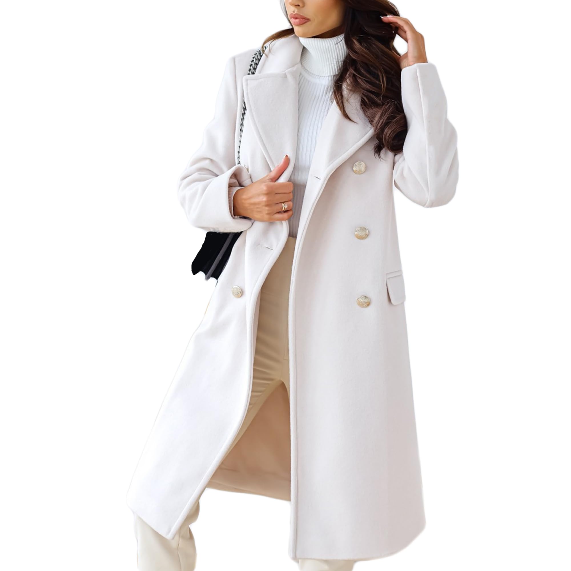 Womens Double-Breasted Trench Coat Winter Lapel Collar Pea Coat Long Trench Overcoat with Pockets