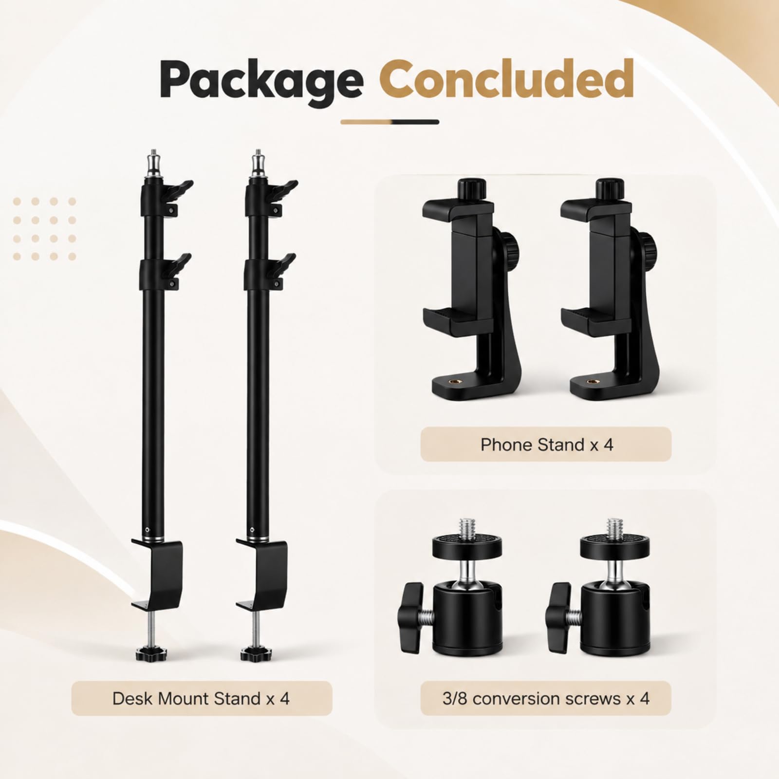 Shimeyao Confezione da 4 supporti da scrivania estensibili per fotocamera, supporto regolabile da 38 a 89 cm, morsetto a C da tavolo per webcam, luce ad anello per streaming live e riprese video
