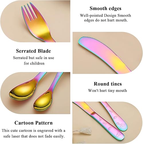 Miniatura 5 de Evanda Juego de 4 cubiertos de acero inoxidable con revestimiento de titanio arcoíris para niños pequeños, utensilios para niños, tenedores y