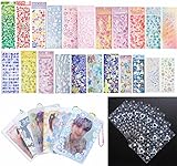 6 Kpop Photocard Holder Keychain Toploaders,50 Holographic Card Sleeves for Trading Cards Kpop Photocard,22 Ribbon Heart Bubble Deco Korean Stickers for Photocards Binder Album Scrapbooking Top Loader