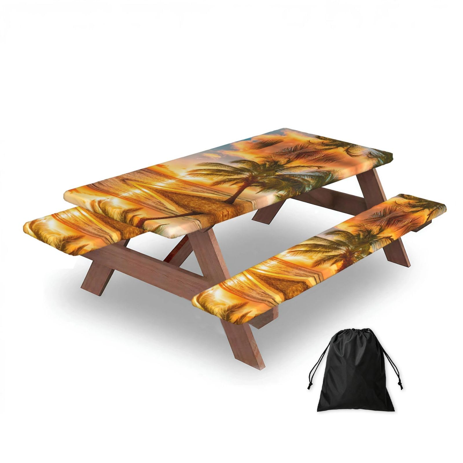ESNAIUVCD Tropical Beach Palm Tree Sunset Print Picnic Table Cover With Bench Covers,Camping Essentials,Fitted Tablecloth Cover With Elastic Edge, For Indoor & Outdoor 3 Pcs