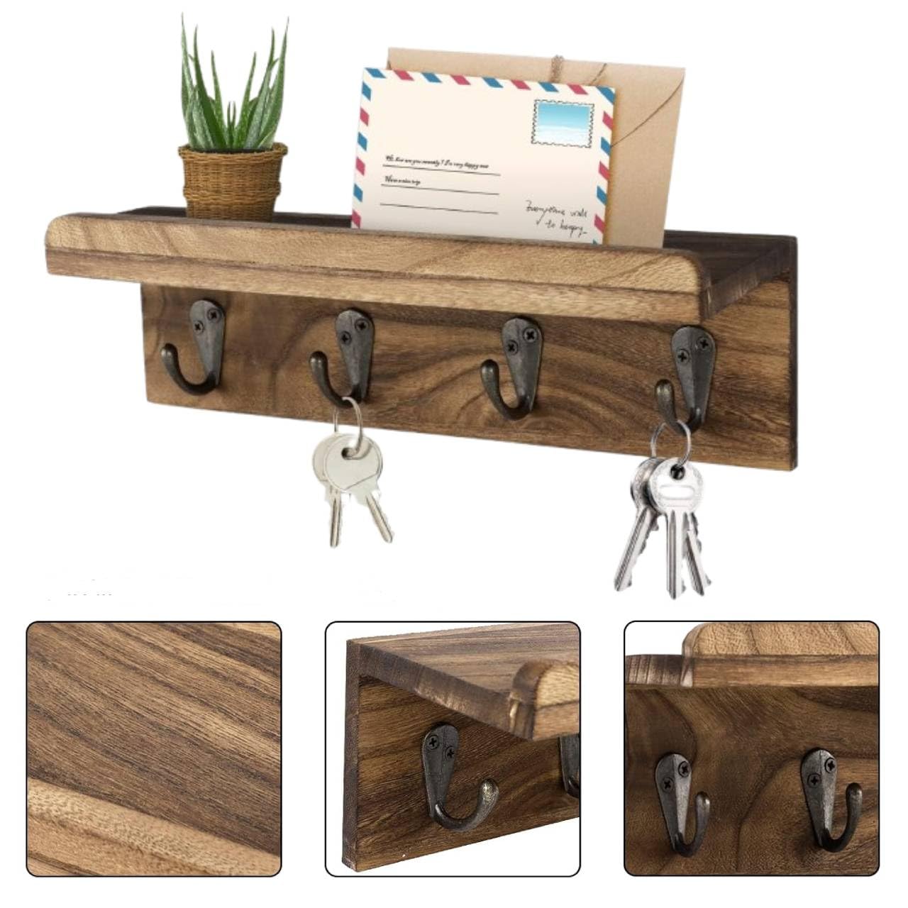 Homvex Brown Rustic Wooden Key Holder Wall Mounted With Mail Holder & 4 Hooks – Farmhouse Entryway Key Rack & Wall Shelf Organizer For Keys, Letters & Mail (Brown)
