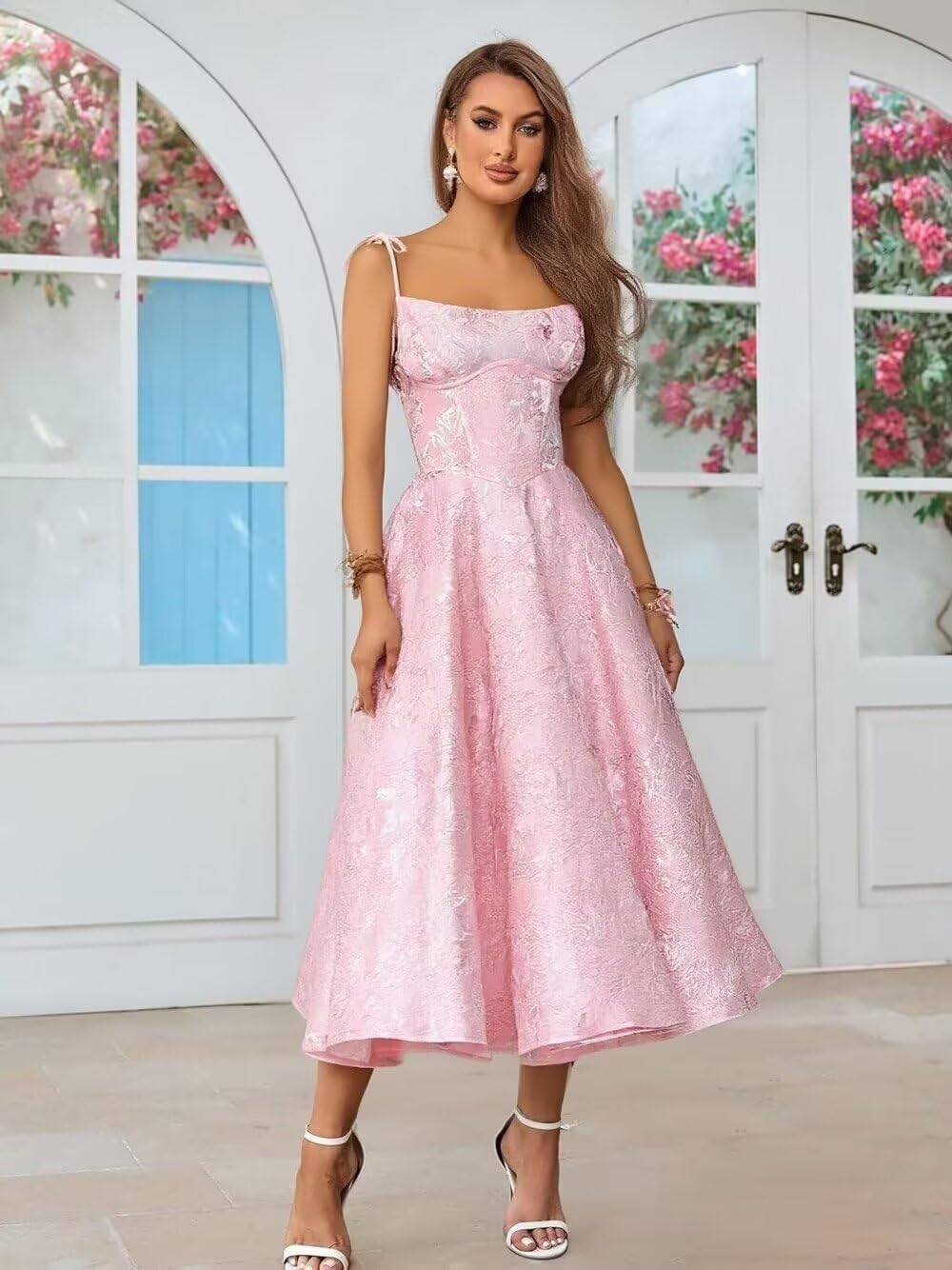 Floral Jacquard Satin Prom Dresses for Teens 2026 Spaghetti Straps Bow A Line Formal Wedding Party Gowns with Pockets