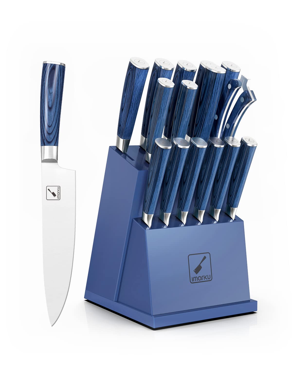imarku 16-Piece Kitchen Knife Set with Block, German Stainless Steel Knife Sets for Kitchen with Sharpener & 6 Steak Knife Set, Ultra Sharp Cutlery Gift Sets, Blue