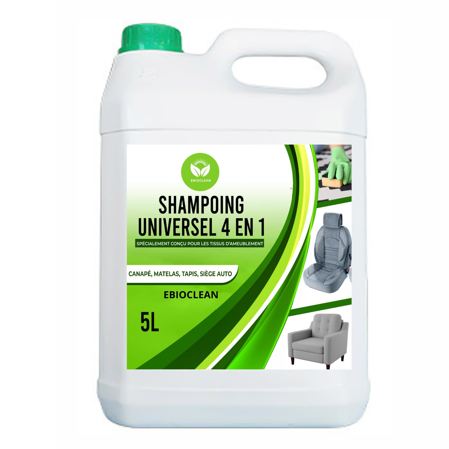 NETTOYANT, ANTI ODEUR spécialement conçu pour tous les tissus d'ameublement (tapis, moquette, canapé, matelas, siège-auto) pour SHAMPOUINEUSE, ASPIRATEUR À EAU concentré et contenu dans 5L