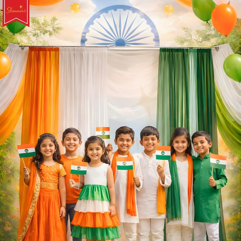 Image of Shimmers Decoration Kit 6 Pcs - Tricolor Net Curtains (Orange, White & Green) 7x3.5 ft with Hooks, Backdrop Setup for Independence Day, Republic Day, School Events & Home Decor