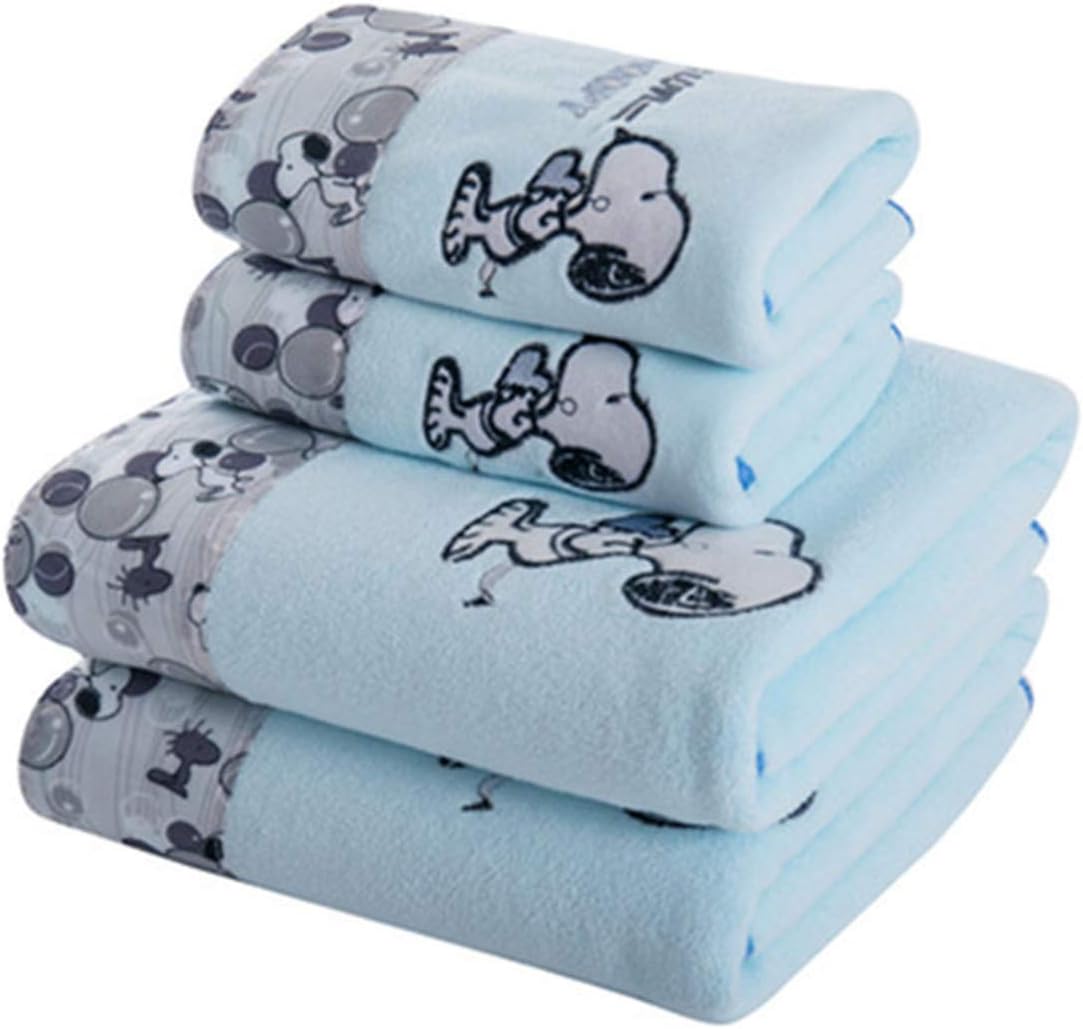 skyfiree Set of 4 Towels Set Cartoon Printed Snoopy 2 Bath Towels 2 Hand Towels Super Soft and Highly Absorbent (Blue)