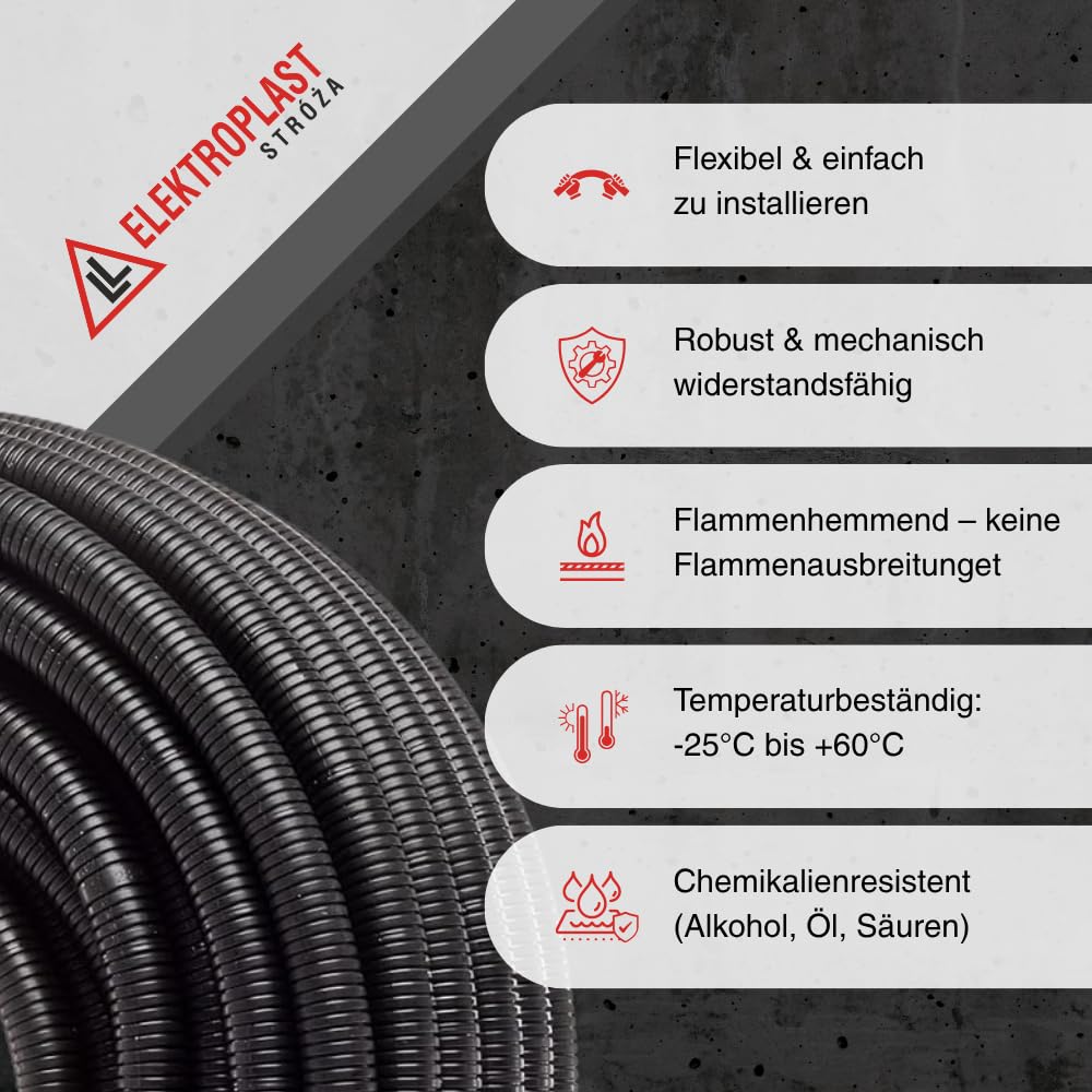 Wellrohr UV-Beständig, Länge: 5 m, Durchmesser Ø 25mm innen, Ungeschlitzt, Härtedruck 750N, Leerrohr für erdkabel, Kabelschutz, Schutzrohr für Elektroinstallation