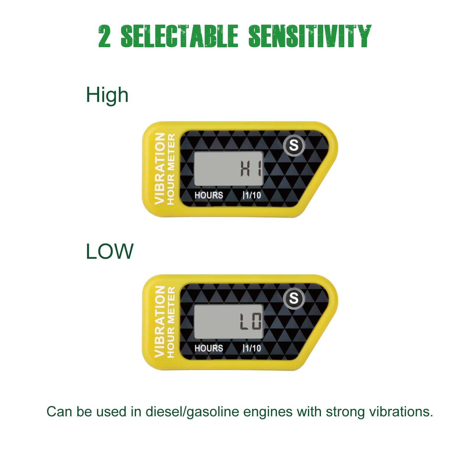 Yooreal Compteur horaire sans fil alimenté par batterie, jauge de détection de vibration pour tracteur de pelouse, chariot de golf, tronçonneuse, déchiqueteuse à bois, fendeuse de bûches (Yellow)