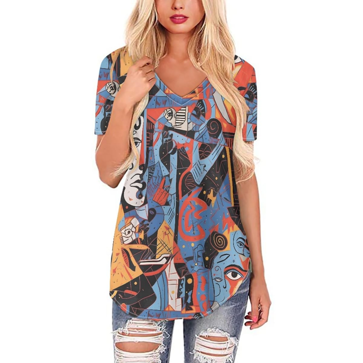 GLUDEAR Women's Van Gogh Painting 3D Printed Short Sleeve V-Neck Shirts Loose Casual Tee T-Shirt