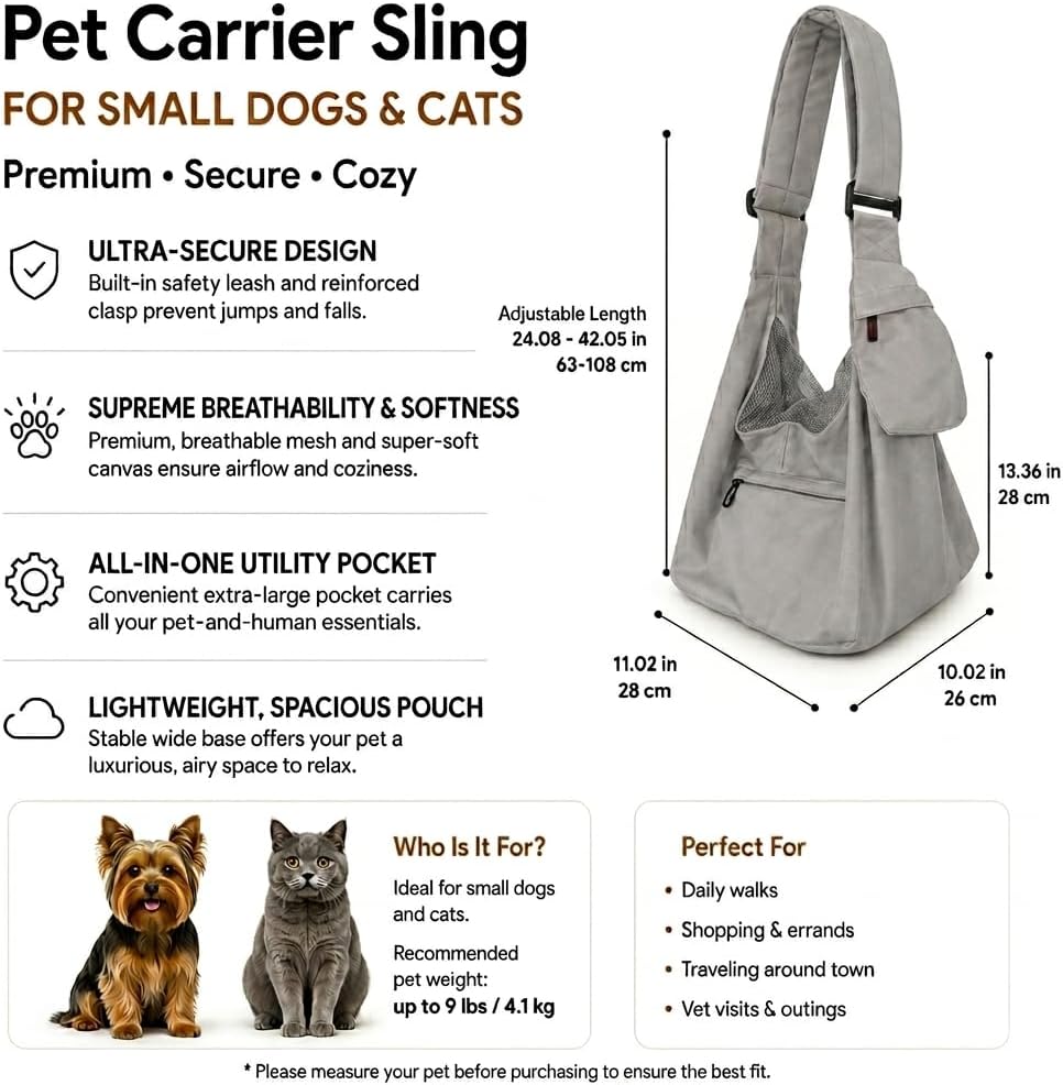 Dog Sling Carrier for Small Dogs and Cats up to 9 lbs, Adjustable Dog Carrier Sling for Puppies, Hands-Free Pet Sling, Breathable Cat Sling Carrier, Machine Washable (Moonstone Grey)
