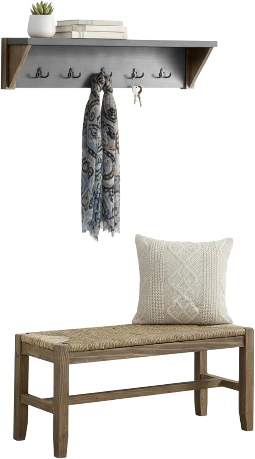 Alaterre Furniture Newport 40" Coat Hook with Shelf and Rush Bench Set