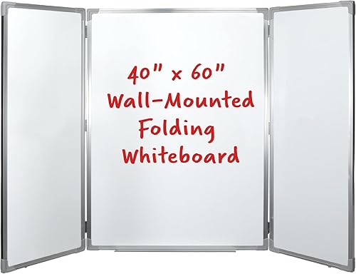 Miniatura 7 de Pizarra blanca plegable de 40 x 60 pulgadas para montar en la pared con superficie magnética y bandeja de marcadores abatible