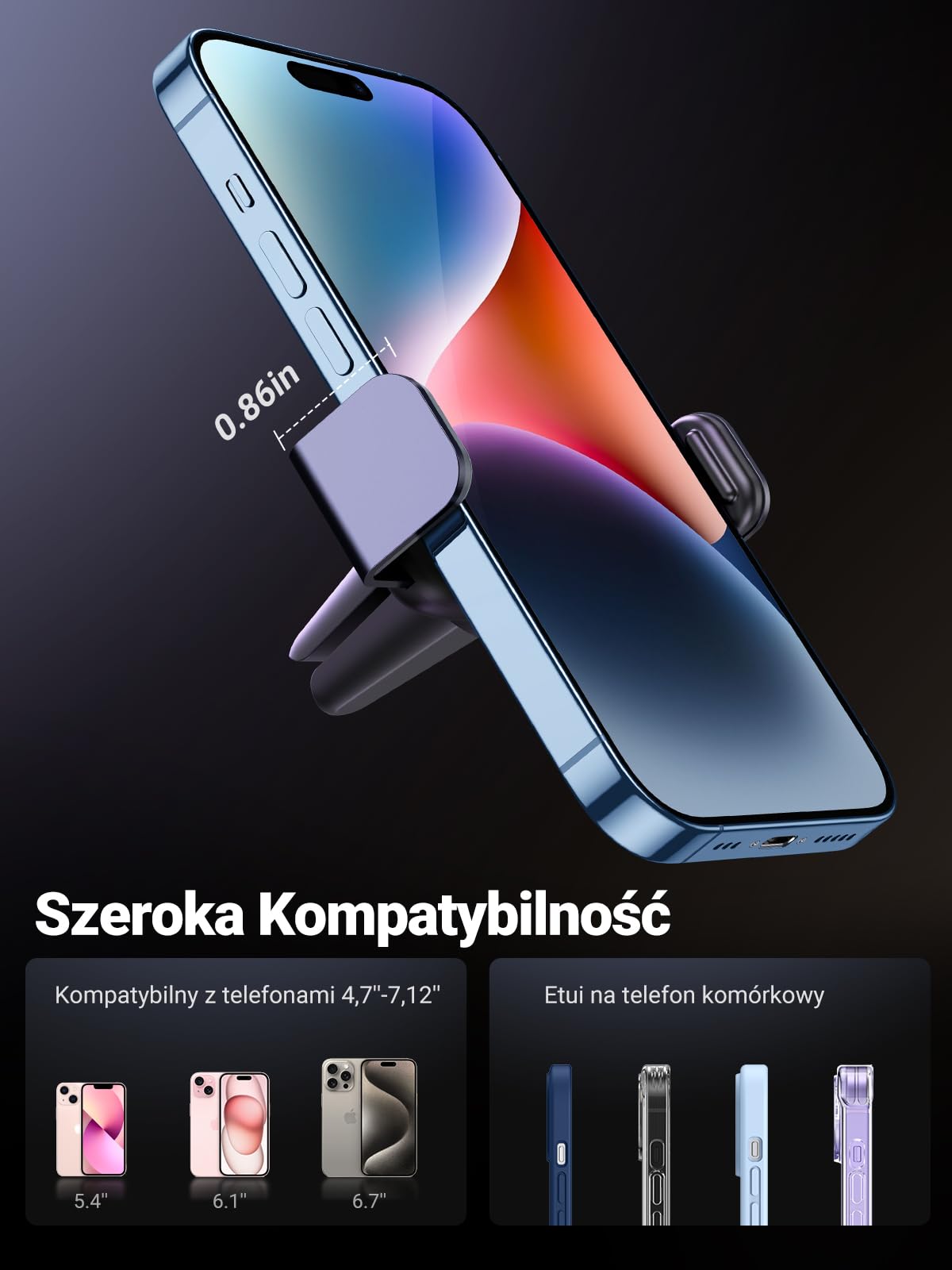 UGREEN Uchwyt sam. do went. 360° obr. (czarny) | Kompakt. sprężynowy uchwyt, do 7,1 cala, 360° obrotu, ulepsz. silikon, konstrukcja z blachy mangan.
