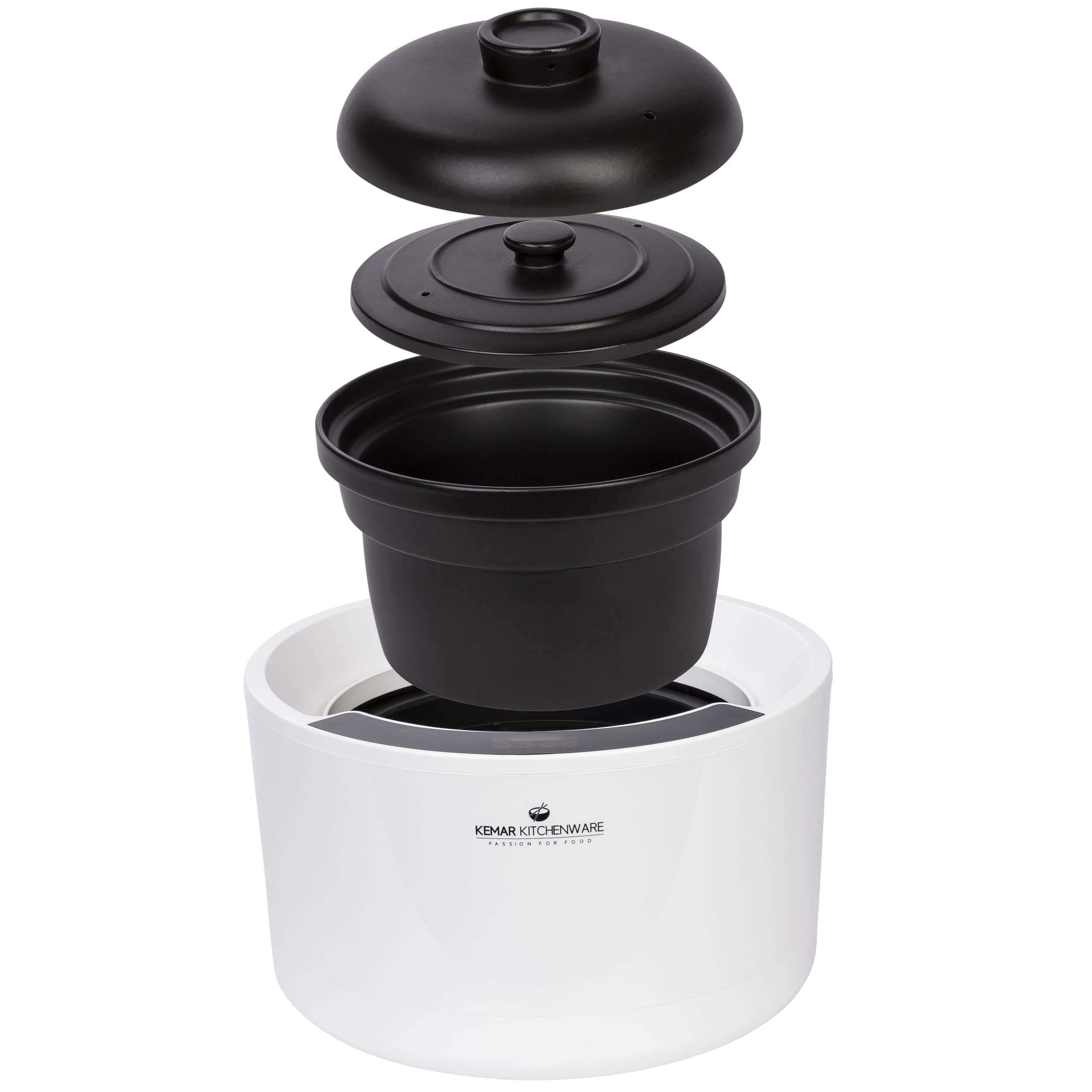 KeMar Reiskocher 2,5l mit Keramiktopf - Topf besteht vollständig aus Keramik (Donabe, Tonkeramik, Tontopf, Keramiktopf) - Weiß, 900W - Schongarer, Dampfgarer, Warmhaltefunktion (KCC-280)